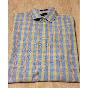 Lands End Mens Blue & Yellow Plaid Long Sleeve Button Up Shirt Sz 16.5 / 37 Tall